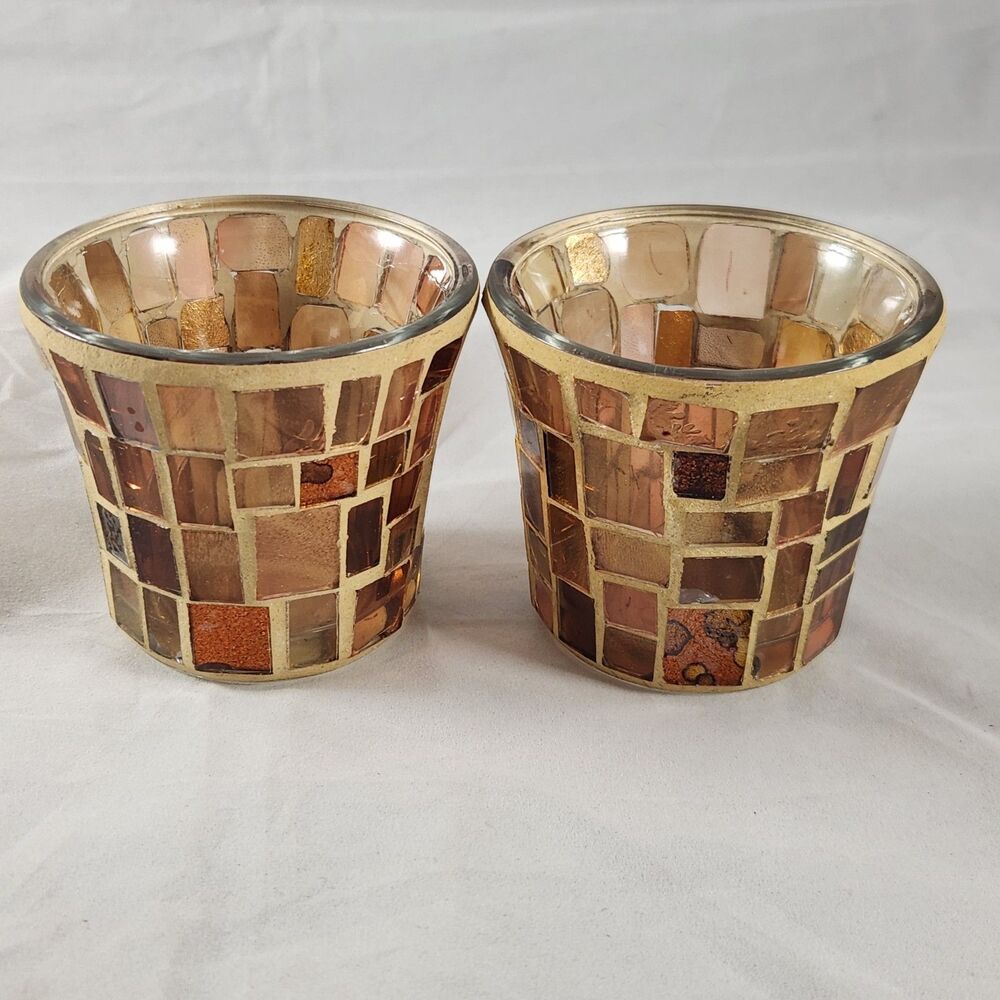 Pair of Mosaic Amber & Gold  Stained Glass Look Votive Candle Holders 3.0" Tall